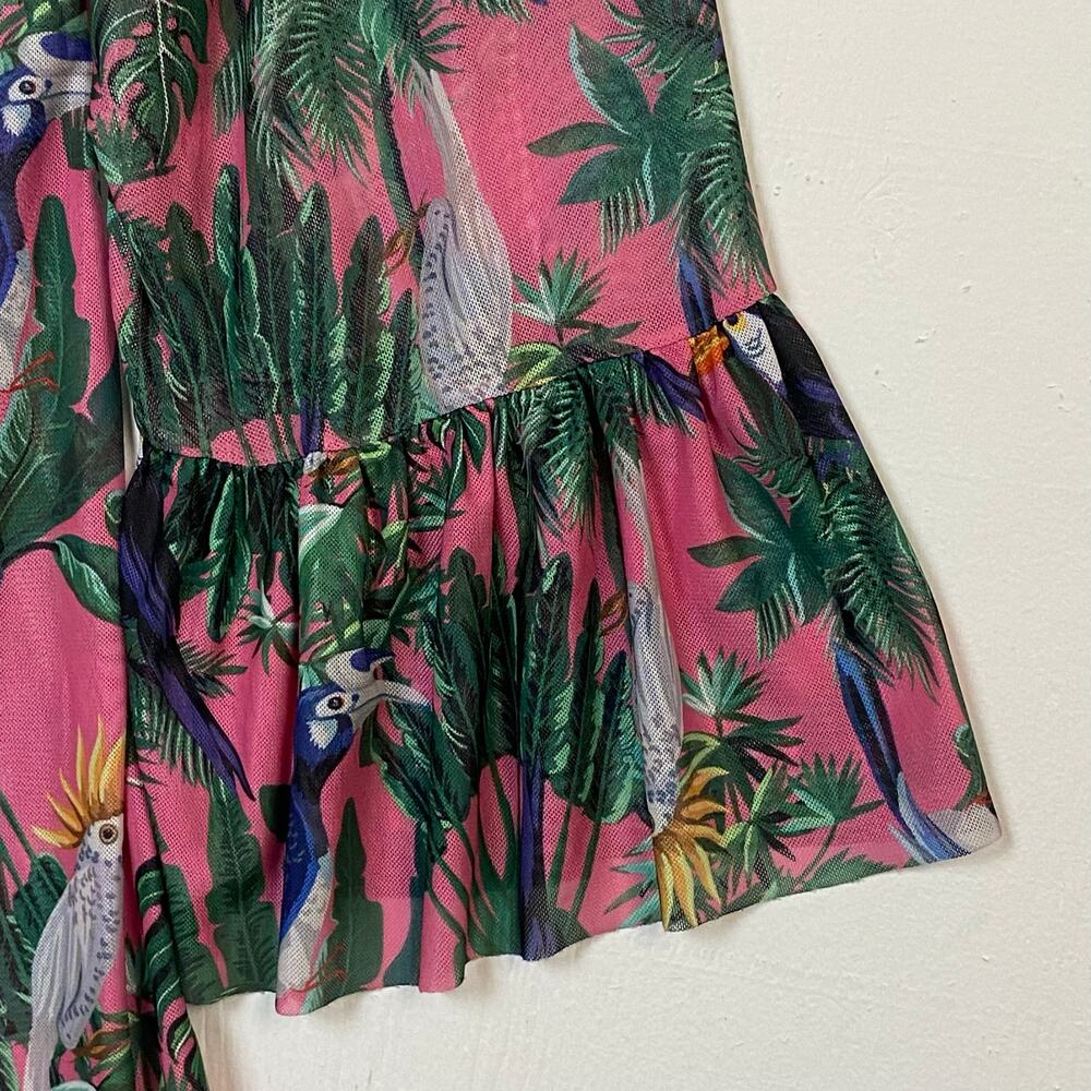 Pink Bird Swimsuit Cover Up Beach Cruise Open Front Bell Sleeves Size Small - Picture 3 of 10